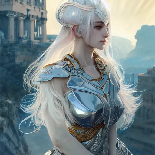 Image similar to portrait white hair knights of Zodiac girl, Sliver ice color reflected armor, in ruined Agora of Athens Sunrise, ssci-fi and fantasy, intricate and very very beautiful and elegant, highly detailed, digital painting, artstation, concept art, smooth and sharp focus, illustration, art by tian zi and WLOP and alphonse mucha