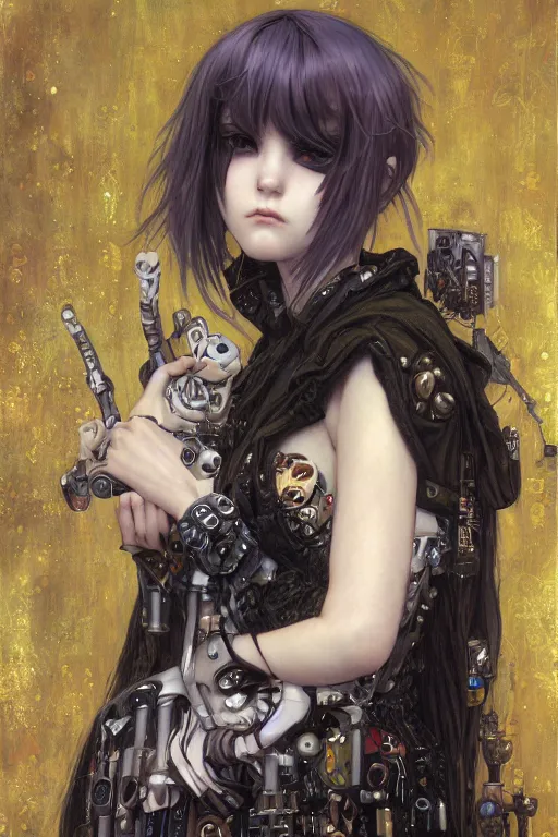 Image similar to portrait of beautiful young gothic maiden, cyberpunk, Warhammer, highly detailed, artstation, illustration, art by Gustav Klimt and Range Murata, cute anime face