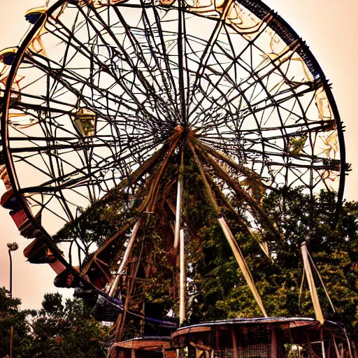 Image similar to an old abandoned rusty ferris wheel, in a town filled with pale yellow mist. Dystopian. Award-winning colored photo. OM system 12–40mm PRO II 40mm, 1/100 sec, f/2 8, ISO 800