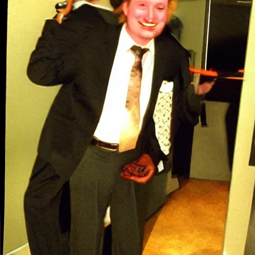 Image similar to Gadget Hackwrench, standing on the shoulder of a middle-aged human in a suit, taken with a disposable camera, leaked photo