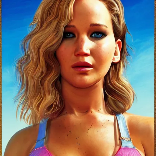 Image similar to highly detailed painting of jennifer lawrence wearing a bikini and her golden retriever dog, gta 5 cover art style, 8 k, radiant light, detailed and intricate environment, trending on artstation