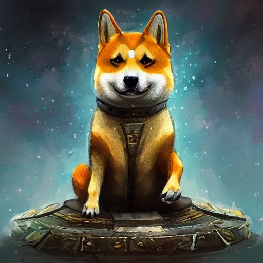 Image similar to shiba inu Dog, battle armour, Anthropomorphized, casting epic spell, magic the gathering artwork, D&D, fantasy, cinematic lighting, centered, symmetrical, highly detailed, digital painting, artstation, concept art, smooth, sharp focus, illustration, volumetric lighting, epic Composition, 8k, art by Akihiko Yoshida and Greg Rutkowski and Craig Mullins, heroic pose, oil painting, cgsociety, magic lab background