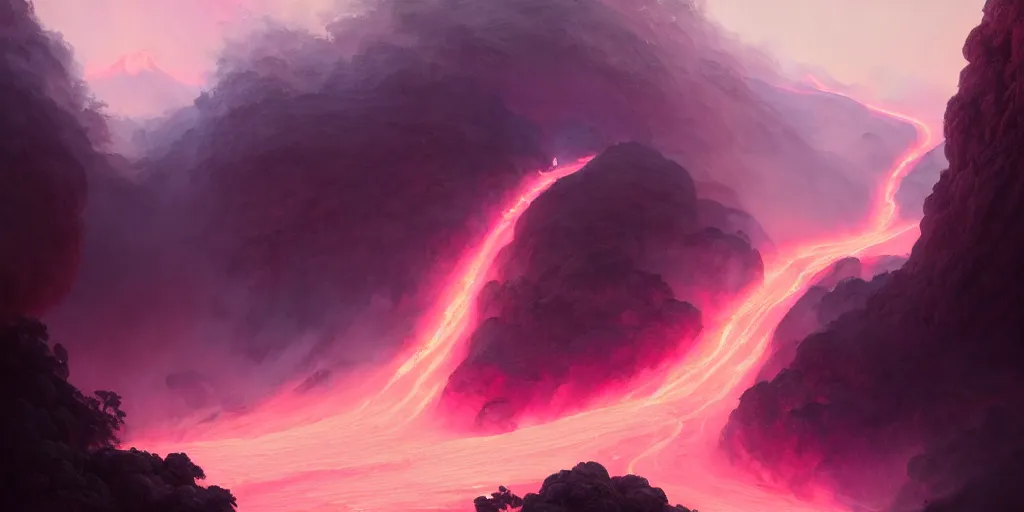 Image similar to a pink volcano flowing through the streets of a ancient greek city, extremely detailed digital painting, in the style of fenghua zhong and ruan jia and jeremy lipking and peter mohrbacher, mystical colors, rim light, beautiful lighting, 8 k, stunning scene, raytracing, octane, trending on artstation