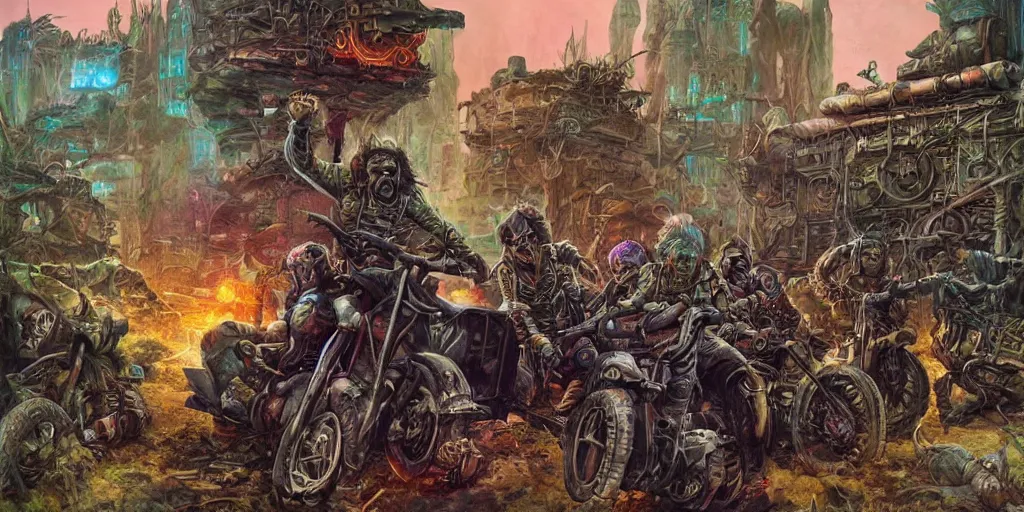 Image similar to psychedelic post apocalyptic orcish biker gang, scifi city ruins, sharp focus, psychedelic colors, boris vallejo, michael whelan