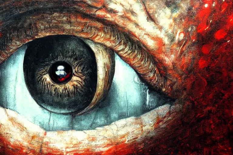 Prompt: standing at the eye of a giant being, silent hill, psychological horror, oil painting, atmospheric, eyes