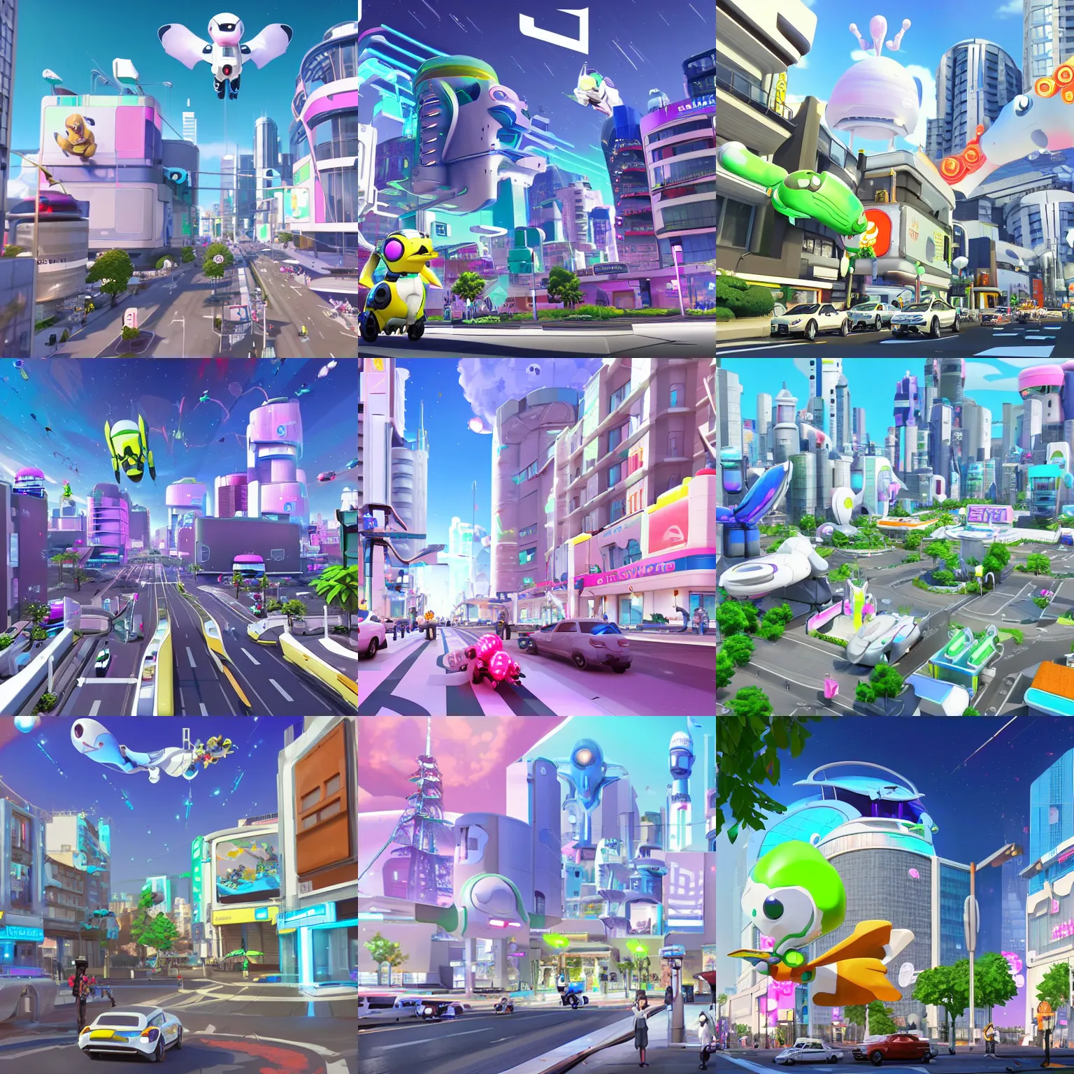 Prompt: a future urban city, white buildings + colorful decorative + led billboards + brand logo, cute future vehicles, cute spacecraft flying in the air, cute pokemon walking on the street, cute scene, huge universe, alien planet in the sky faraway, dokev, ratchet & clank, overwatch, splatoon 3