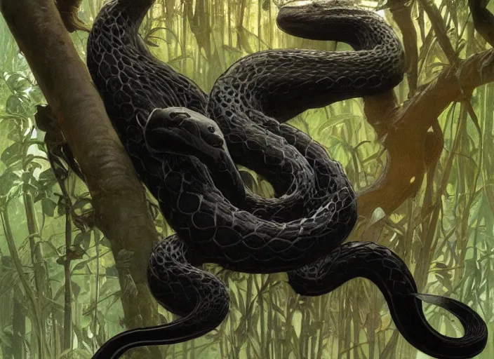 Prompt: animal concept of a black panther melanistic deep black leopard killing a snake, hunting an anaconda, on Singaporean forest tree, jungle, accurately portrayed, portrait art by alphonse mucha and greg rutkowski, highly detailed, digital painting, concept art, illustration, dim lighting with twilight rays of sunlight, trending on artstation, very detailed, smooth, sharp focus, octane render, close up