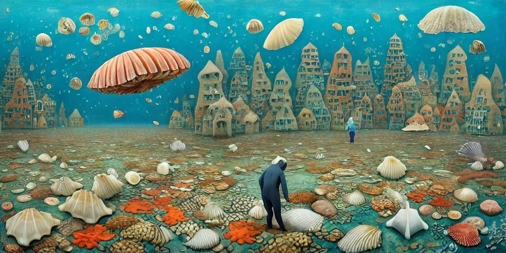 Prompt: man in the swimming suit walks down the street in the underwater city inside!! the seashell, seaweed, corals, carps, koi fish, small scandinavian!!! houses!!!, by jacek yerka by levitan, surrealistic painting, masterpiece, oil painting, sharp focus, highly detailed, intricate, smooth, 8 k,