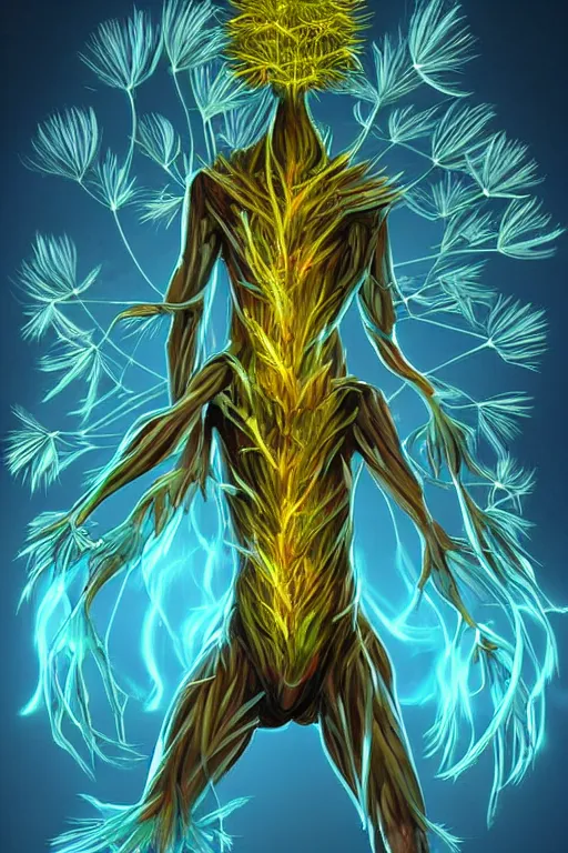 Image similar to a glowing humanoid figure dandelion monster with large glowing eyes, highly detailed, digital art, sharp focus, trending on art station, artichoke, anime art style