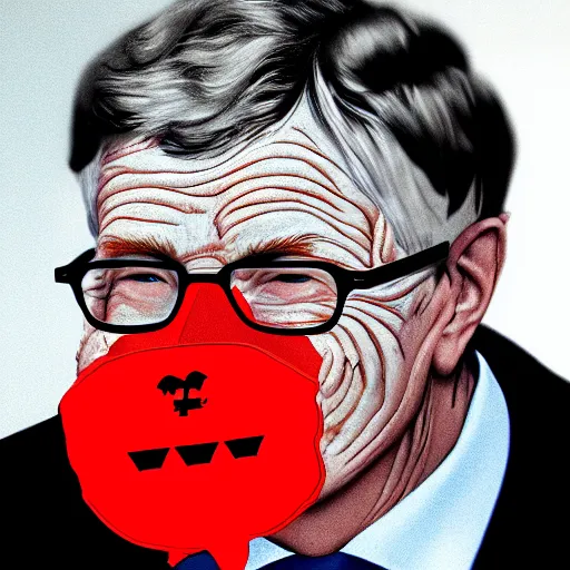 Image similar to a demon wearing a mask with the face of bill gates.