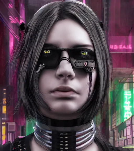 Image similar to detailed realistic female character cyberpunk wearing thick steel collar around neck, realistic, art, beautiful, 4K, collar, choker, collar around neck, punk, artstation, detailed, female, woman, choker, cyberpunk, neon, punk, collar, choker, collar around neck, thick collar, tight around neck, punk, choker