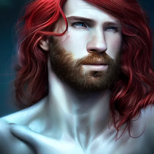 Prompt: portrait of a handsome!!!!! male ship captain with long red hair!!!!!!, 30 years old, upper body, ethereal, muscular, friendly, playful, D&D, hairworks, Unreal 4, fantasy, elegant, highly detailed, digital painting, hairworks, deviantart, artstation, concept art, sharp focus, dramatic lighting, illustration, art by Artgerm and Greg Rutkowski and Alphonse Mucha