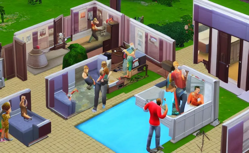 Prompt: little ai copies of a families playing out the motions of a dinner, the sims 1 graphics