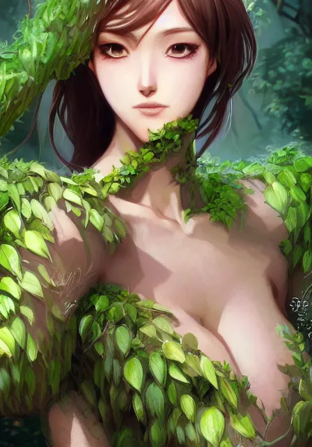 Prompt: A realistic anime portrait of a handsome dryad with glowing green eyes and tree bark skin wearing clothes made of leaves, digital painting, by Stanley Artgerm Lau, Sakimichan, WLOP and Rossdraws, digtial painting, trending on ArtStation, SFW version