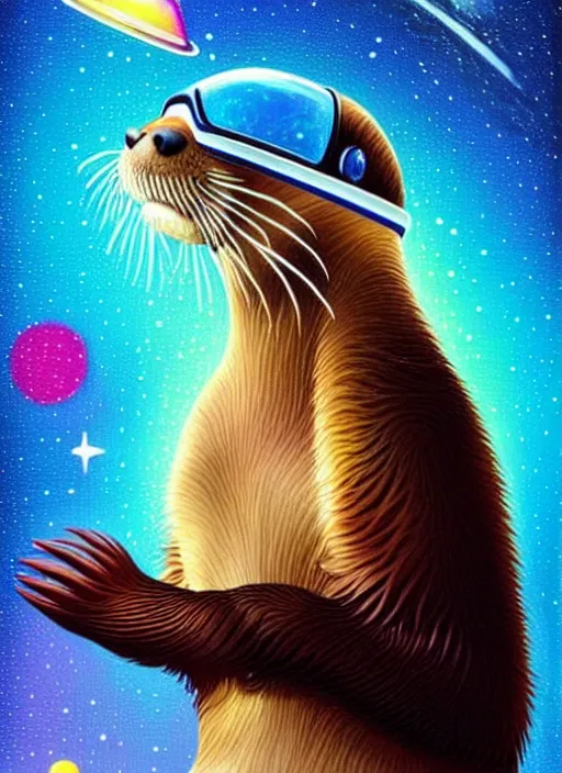 Image similar to a portrait of a cute otter with a space helmet, swimming through a colorful galaxy!!!!!!!!!!!, detailed, artstation, art by rhads and miyazaki