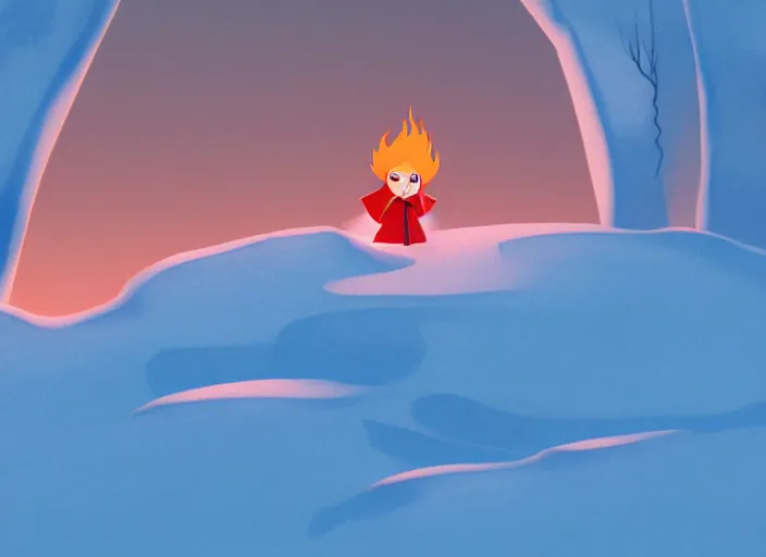 Image similar to flame princess glowing in a stark minimalist frozen creek snowdrift landscape from mulan ( 1 9 9 8 )