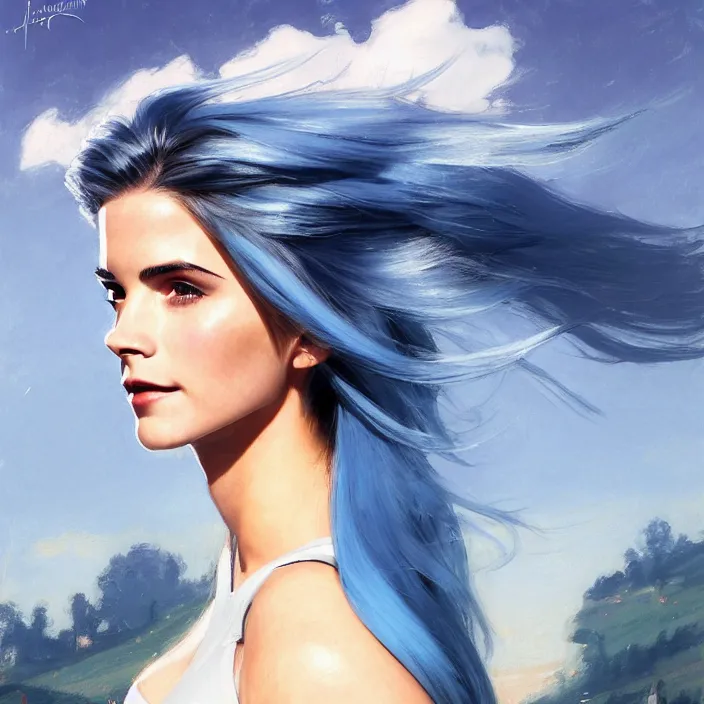 Image similar to portrait of a combination of Ashley Greene, Adriana Dxim, Grace Kelly and Emma Watson with blue hair wearing Interceptor's armor from Anthem, countryside, calm, fantasy character portrait, dynamic pose, above view, sunny day, thunder clouds in the sky, artwork by Jeremy Lipkin and Giuseppe Dangelico Pino and Michael Garmash and Rob Rey and Greg Manchess and Huang Guangjian, very coherent asymmetrical artwork, sharp edges, perfect face, simple form, 100mm