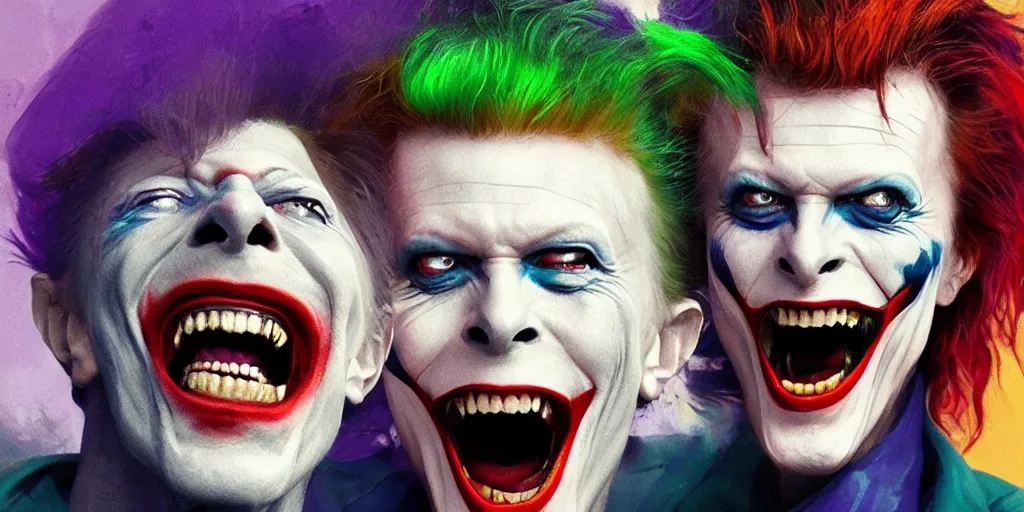 Image similar to David bowie as the joker laughing at you, Darek Zabrocki, Karlkka, Jayison Devadas, Phuoc Quan, trending on Artstation, 8K, ultra wide angle, pincushion lens effect.