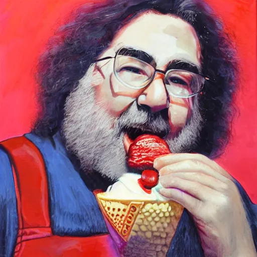 Prompt: closeup detailed portrait of jerry garcia eating cherry garcia ice cream