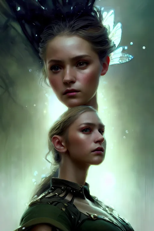 Image similar to cinematic shot of an epic portrait of a fairy dressed in military clothes, shiny skin, beautiful eyes, beautiful, small details, night setting, realistic poster with volumetric light from craig mallism, artgerm, jeremy lipkin and michael garmash, unreal engine, radiant light, detailed and complex environment, digital art, trends at art station, a masterpiece