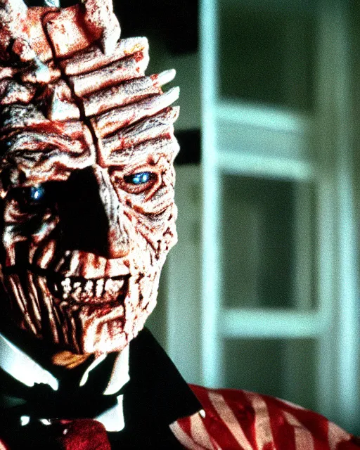 Prompt: film still close - up shot of bill clinton as freddy krueger from the movie nightmare on elms street. photographic, photography