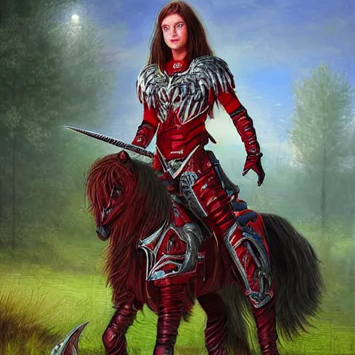 Prompt: girl hybrid unicorn horn and red wings, armor, dressed, ultrarrealistic, high detail, fantasy classic digital art, style ted nasmith