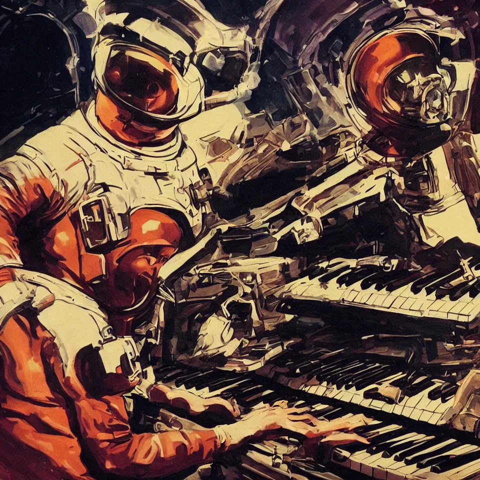 Image similar to an astronaut helmet playing a keyboard by jack kirby, dynamic lighting, cinematic, epic composition, masterpiece