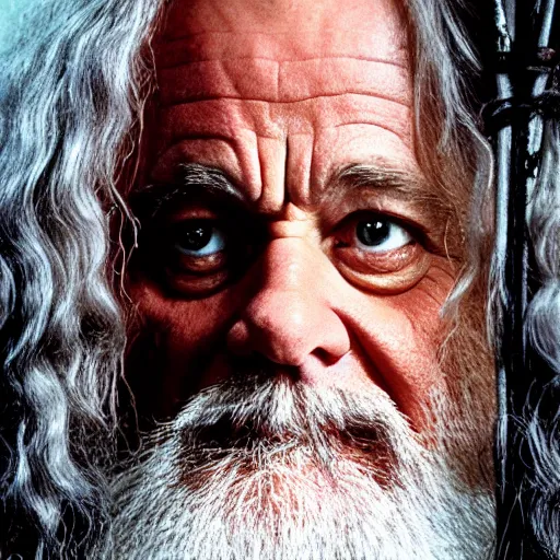 Prompt: closeup portrait of bill murray as gandalf in lord of the rings, film still, promotional shot