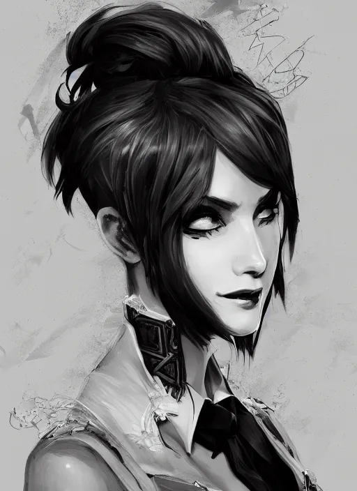 Image similar to a highly detailed illustration of beautiful short black messy haired woman wearing eyepatch!!! and noir style suit and tie, dramatic smiling pose, intricate, elegant, highly detailed, centered, digital painting, artstation, concept art, smooth, sharp focus, league of legends concept art, WLOP