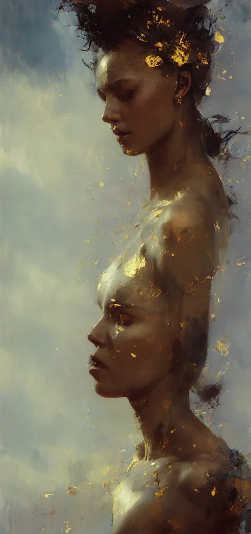 Image similar to portrait of goddess of love hovering, her body obscured by silver clouds, her eyes flaming with gold, her hair flowing and her face stern, by Jeremy Mann, stylized, detailed, loose brush strokes, warm tones, realizing, beautiful face