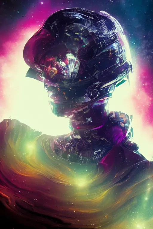 Prompt: a fancy portrait of a broken automaton floating in the vacuum of space with a colourful nebula behind her by dustin nguyen, sung choi, mitchell mohrhauser, maciej kuciara, johnson ting, maxim verehin, peter konig, bloodborne, 8 k photorealistic, cinematic lighting, hd, high details, dramatic, dark atmosphere, trending on artstation