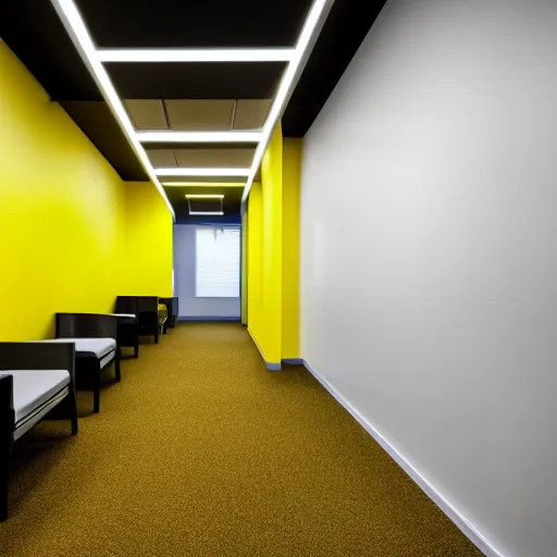 Image similar to a photograph of an emty office with mono yellow walls,brown moist carpet and fluorescent lights,creepy,eerie,4k,real photo,natural lights,mysterious,professional photography