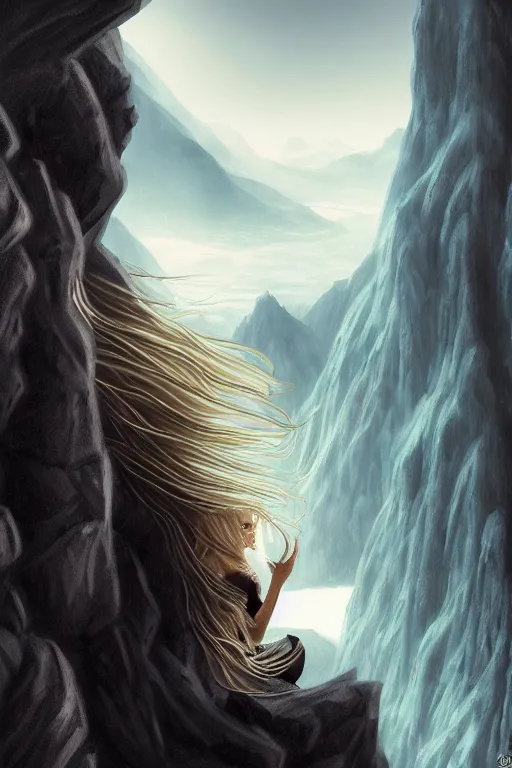 Prompt: A beautiful Norse heroine with long blonde hair on a ledge of deep abyss fantasy with a faulcon on her arm, tibet, vertiginous view and valley, intricate, elegant, highly detailed, D&D, digital painting, artstation, concept art, matte painting, sharp focus, illustration, extremely moody lighting, glowing light and shadow, atmospheric, shadowy, cinematic, in the style of Greg Rutkowski and roger deakins, paolo reversi, jim burn, and Alphonse Mucha