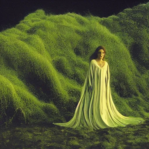 Prompt: dark and moody 1 9 7 0's artistic spaghetti western film in color, a woman in a giant billowy wide flowing waving dress made out of sea foam, standing inside a green mossy irish rocky scenic landscape, crashing waves and sea foam, volumetric lighting, backlit, moody, atmospheric