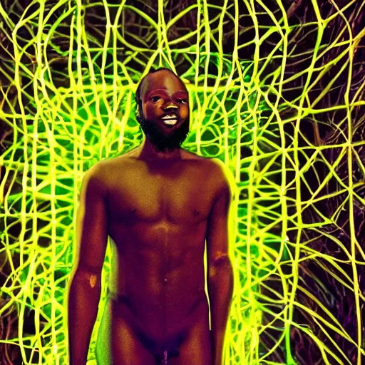 Prompt: Tobe Nwigwe as a angelic figure, in a cybernetic forest of green