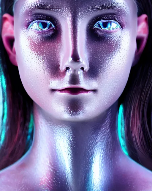 Image similar to soft focus close up portrait of an android with soft synthetic skin, bioluminescent plastics, smooth shiny metal plates, piercings, by annie liebovotz,