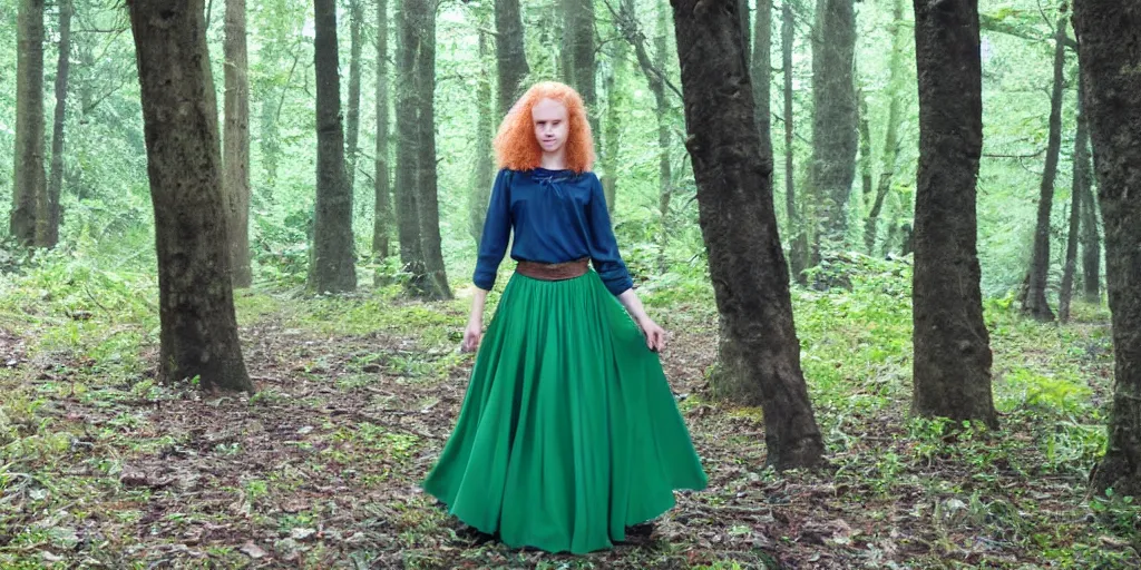 Prompt: a strawberry blonde frizzy haired teenage girl in a floor length dark green skirt and a short sleeved dark green blouse stands in a dark forest dimly lit by blue light, pixelated, in the style of king's quest 6