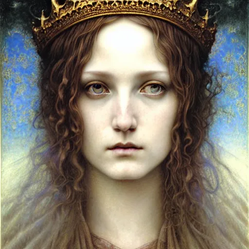 Image similar to detailed realistic beautiful young medieval queen face portrait by jean delville, tom bagshaw, brooke shaden, gustave dore and marco mazzoni, art nouveau, symbolist, visionary, gothic, pre - raphaelite, ornate gilded medieval icon, surreality, ethereal, unearthly, haunting, celestial, neo - gothic, ghostly, memento mori