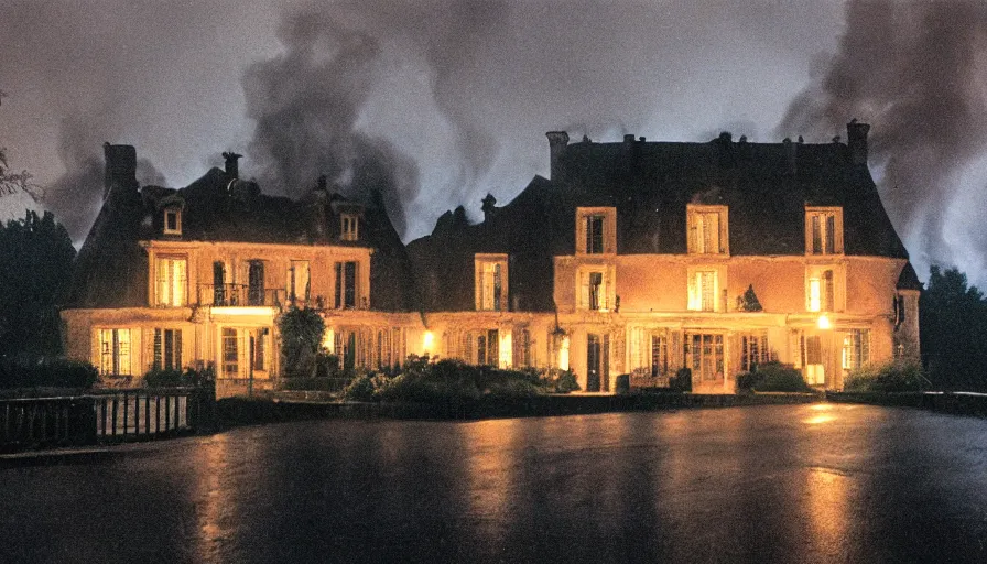 Prompt: 1 9 7 0 s movie still of a heavy burning french style manor in a small french village by night, rainy, foggy, cinestill 8 0 0 t 3 5 mm, heavy grain, high quality, high detail, dramatic light, anamorphic, flares