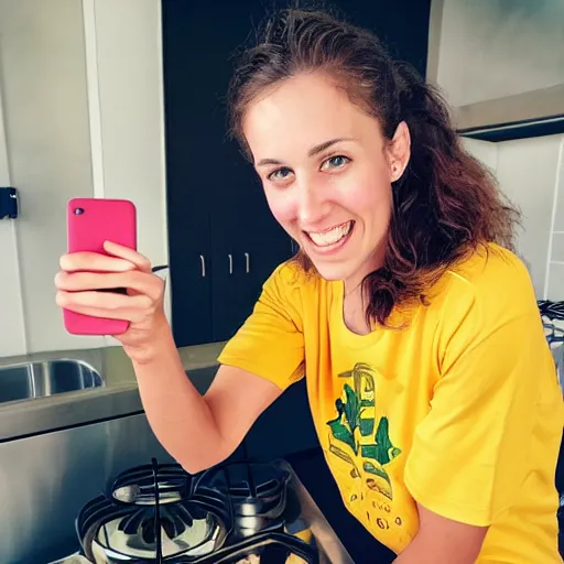 Prompt: a selfie of a brunette female, young, athletic, australian, wearing a gold tshirt in a kitchen