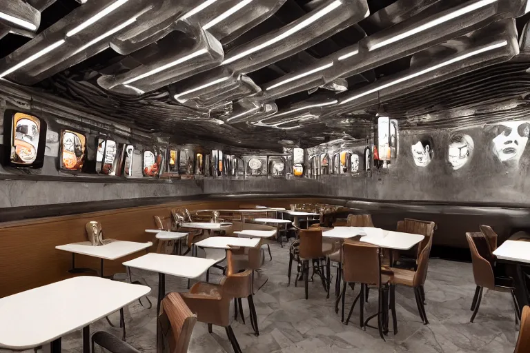 Prompt: a fast food restaurant interior inspired by HR Giger