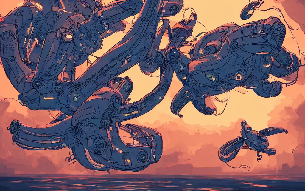 Prompt: robotic flying octopus, in the style of ilya kuvshinov and laurie greasley, dynamic composition, dramatic lighting, ultra detailed, nitro colors