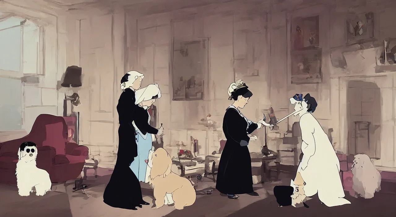 Prompt: queen of england placing the victoria cross around the neck of a cream - colored havanese dog, england, 1 9 0 0, tartakovsky, atey ghailan, goro fujita, studio ghibli, rim light, happy, warm lighting, clear focus, very coherent