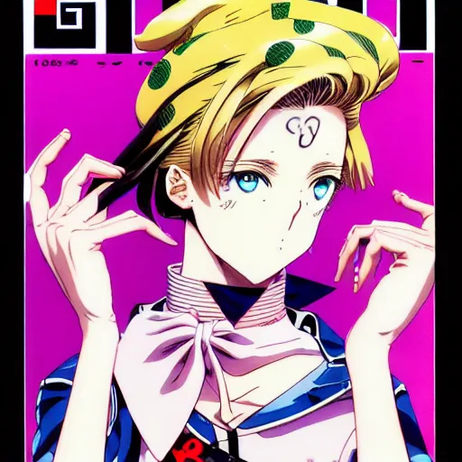 Image similar to 1993 Magazine Cover Anime key visual of a Gucci girl; official media; typography; drawn by Hirohiko Araki; Jojo's Bizarre Adventure; Jojolion, portrait, made by Stanley Artgerm Lau, WLOP, Rossdraws, James Jean, Andrei Riabovitchev, Marc Simonetti, Yoshitaka Amano, ArtStation