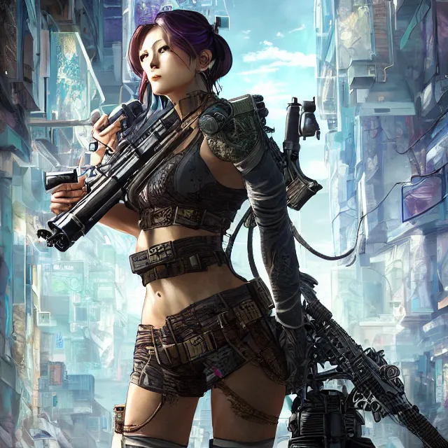 Image similar to the portrait of lawful neutral female cyberpunk marine sniper as absurdly beautiful, gorgeous, elegant, young gravure idol, an ultrafine hyperdetailed illustration by kim jung gi, irakli nadar, intricate linework, bright colors, octopath traveler, final fantasy, unreal engine 5 highly rendered, global illumination, radiant light, detailed and intricate environment