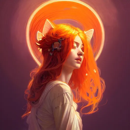 Prompt: Portrait of a girl angel with orange scruffy hair, cat ears, glowing halo, wings, biting her lip, fantasy, intricate, elegant, highly detailed, digital painting, artstation, concept art, smooth, sharp focus, illustration, art by Krenz Cushart and Artem Demura and alphonse mucha