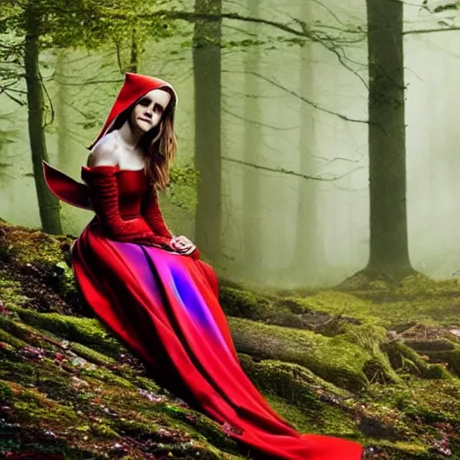 Image similar to photo of emma watson as an elf wearing a long rainbow wedding gown sitting in a colorful forest