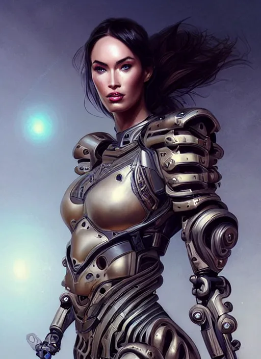 Image similar to portrait of a beautiful female soldier from the future wearing biomechanical armor, megan fox, carrying a rifle, intricate, elegant, glowing lights in armor, highly detailed, digital painting, artstation, glamor pose, concept art, smooth, sharp focus, illustration, epic angle, art by artgerm and greg rutkowski, artey freytag, alvin schwartz