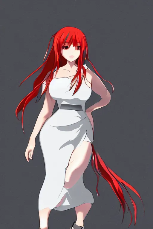 Image similar to anime drawing of a curvy chubby redhead in a white dress, unreal engine, artstation