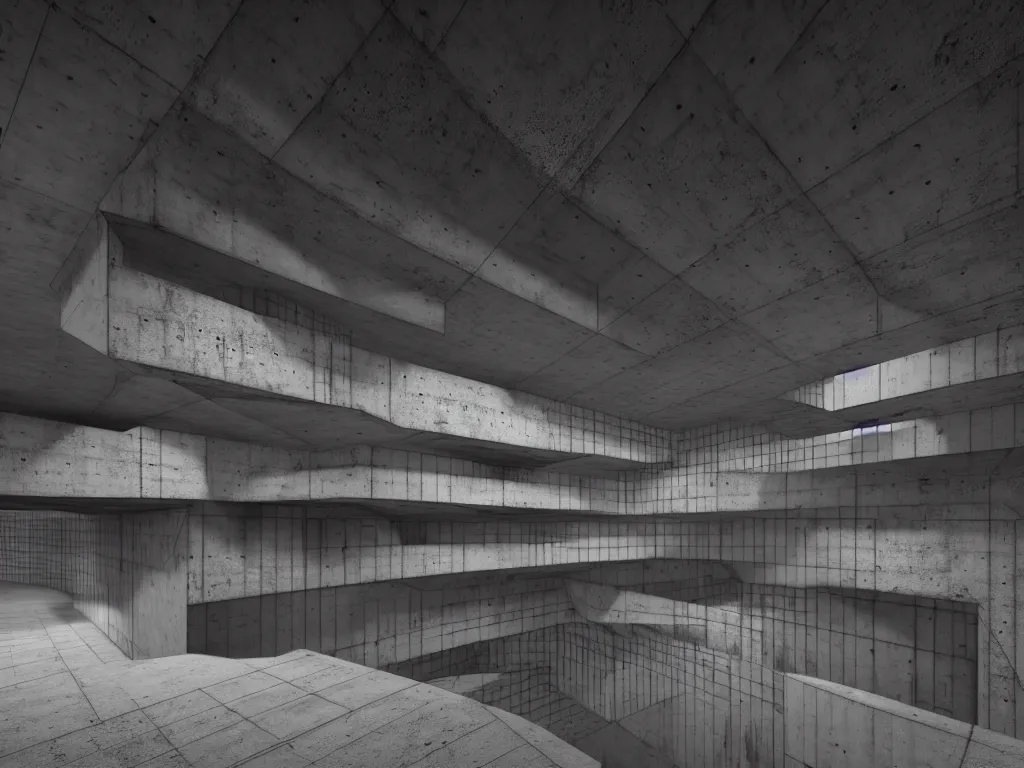 Image similar to Concrete huge dark-gray multi-layered underground structure with multiple floors and a plus-shaped cleft in the center. Inside view, straight lines, corners, high detailed, details, ultra realistic, photorealism, 8k, symmetrical, brutalism, beam, non-euclidean, architecture, volumetric lighting, cinematic